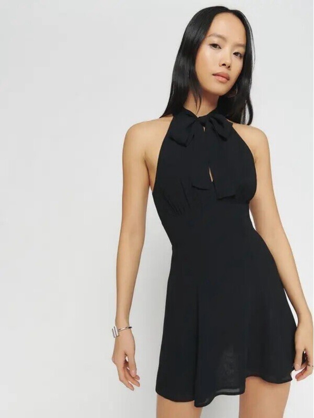 Reformation Aylani Tie Neck Mini Dress Black Women’s Size 6 Little Black Dress